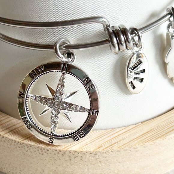 Compass Charm Silver Bangle Bracelet w Shine & Feather Charms Adjustable - Picture 2 of 8